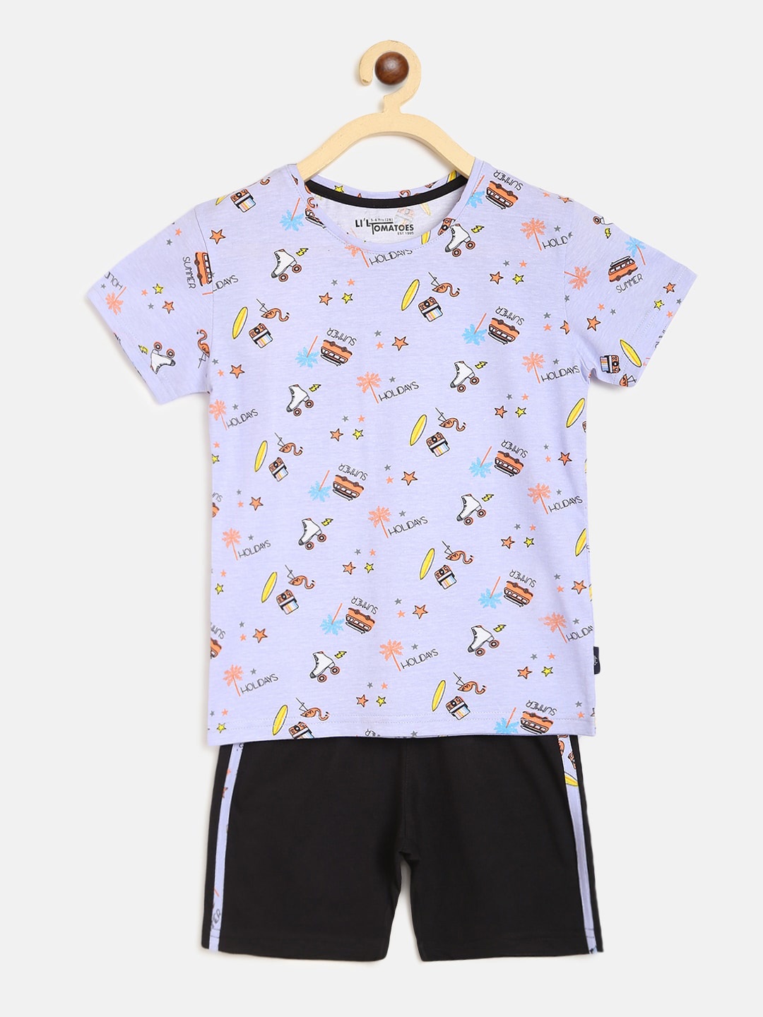 

Lil Tomatoes Unisex Kids Purple & Black Printed Night suit