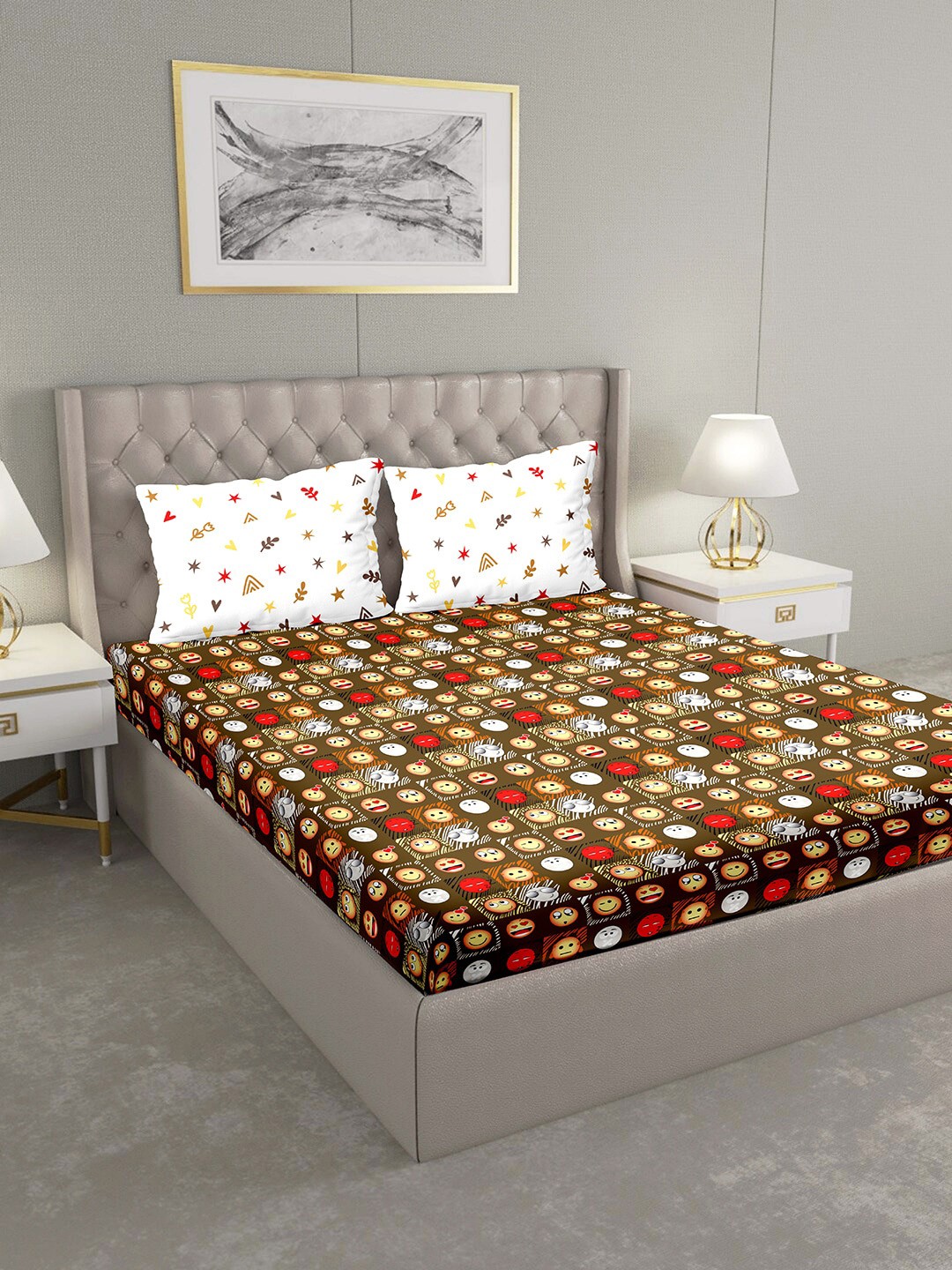 

BELLA CASA Olive Green & Red Conversational 124 TC Cotton 1 King Bedsheet with 2 Pillow Covers
