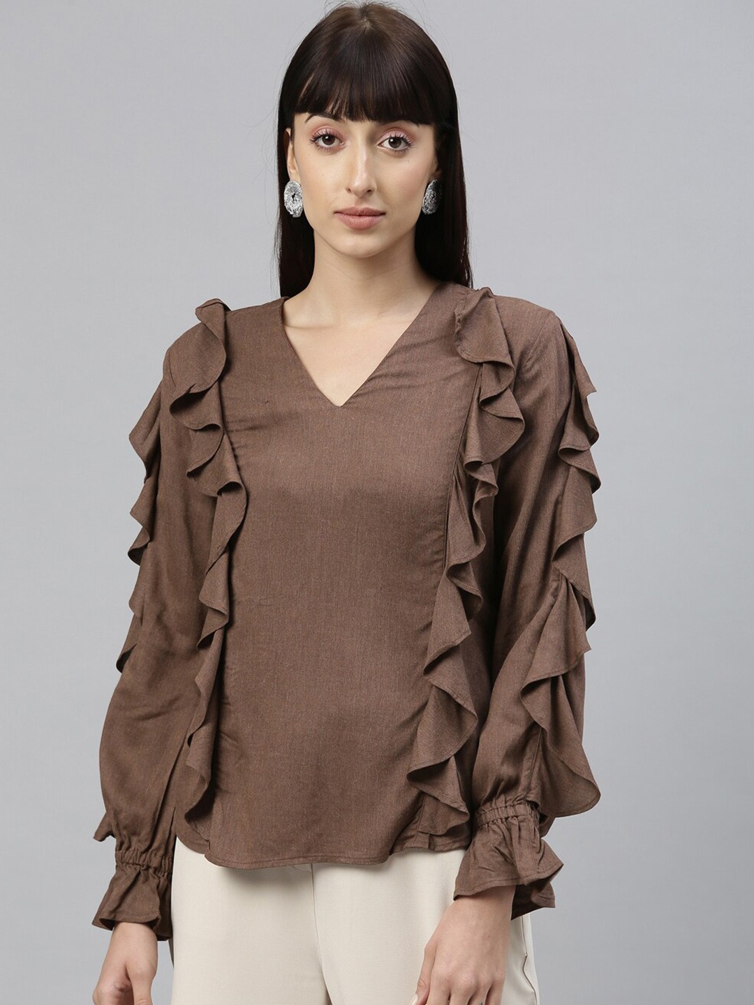 

Rareism Brown Ruffled Top
