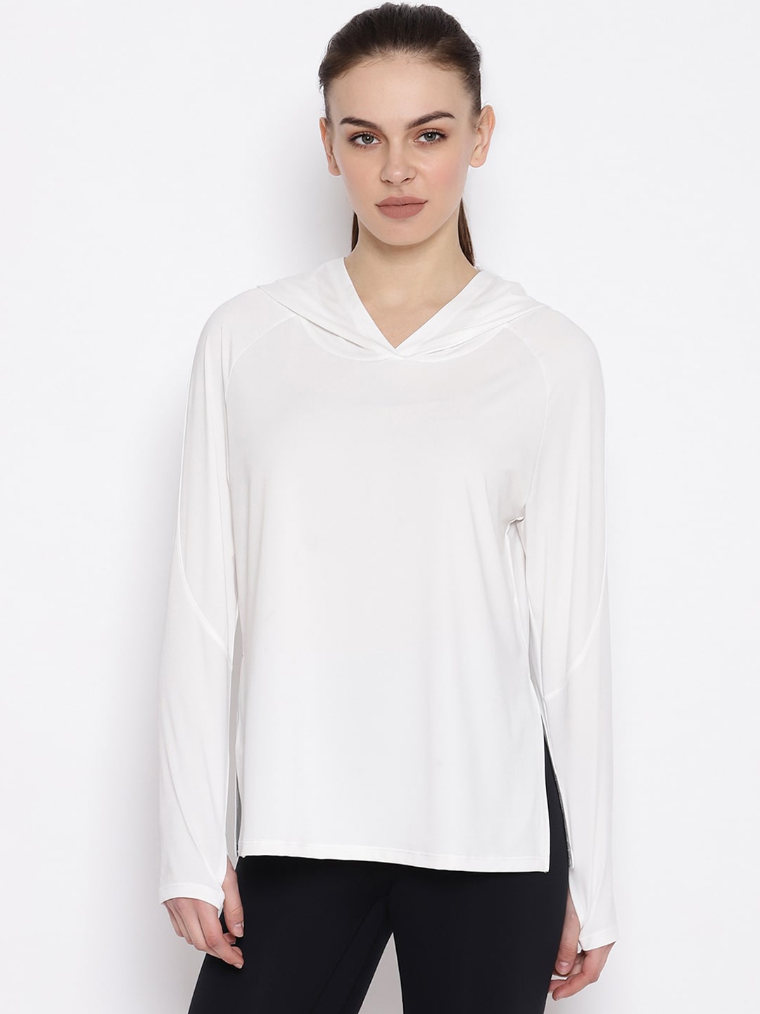 

iki chic Women White Solid Hood T-shirt