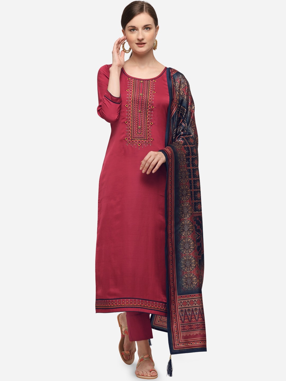 

SheWill Maroon & Navy Blue Silk Blend Unstitched Dress Material