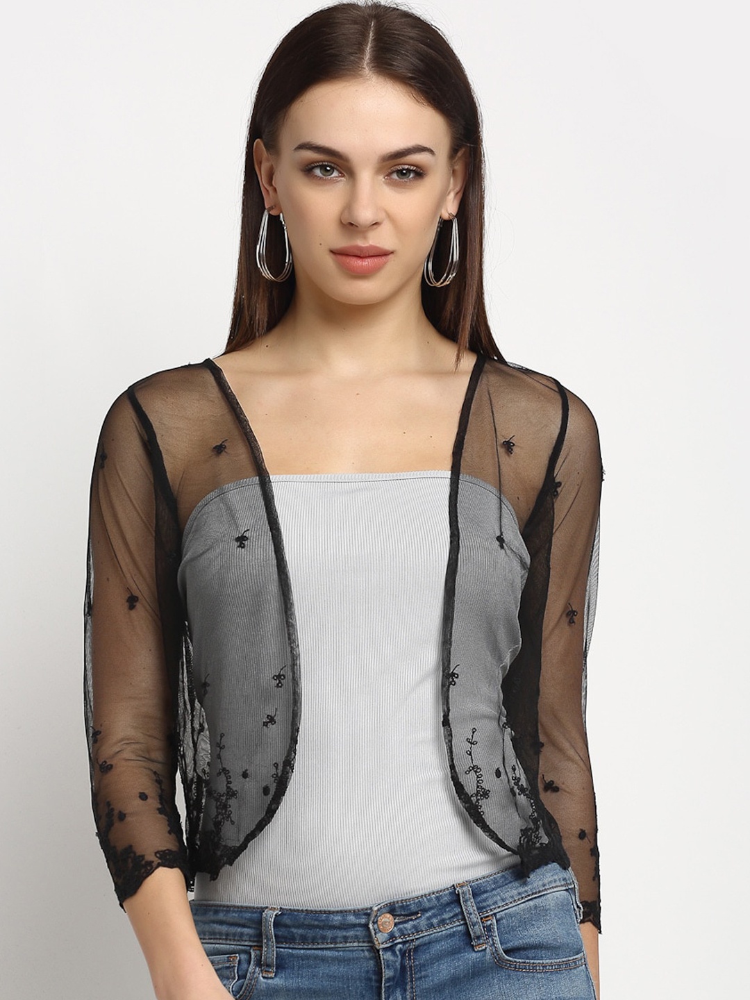 Rute Women Black Self Design Open Front Shrug