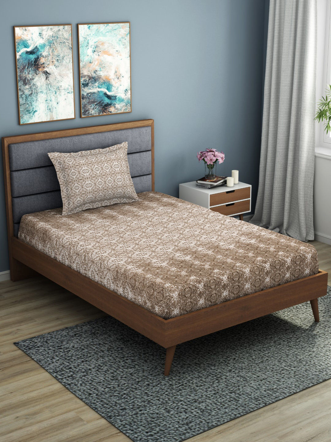

SPACES Brown & Off-White Ethnic Motifs 144 TC Cotton 1 Single Bedsheet with 1 Pillow Covers