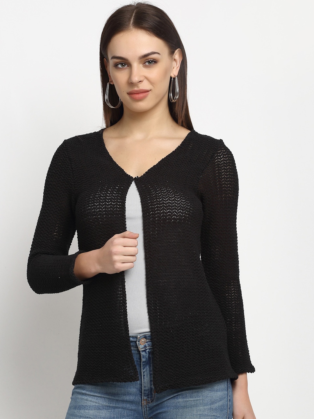 

Rute Women Black Self Design Open Front Shrug