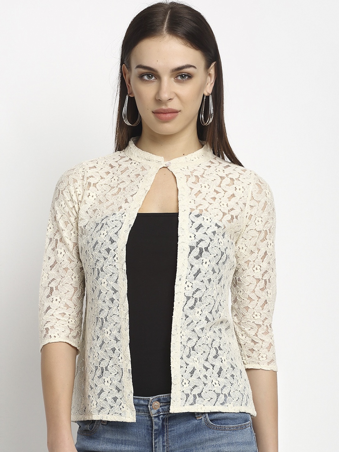

Rute Women Cream-Coloured Self Design Cotton Button Shrug