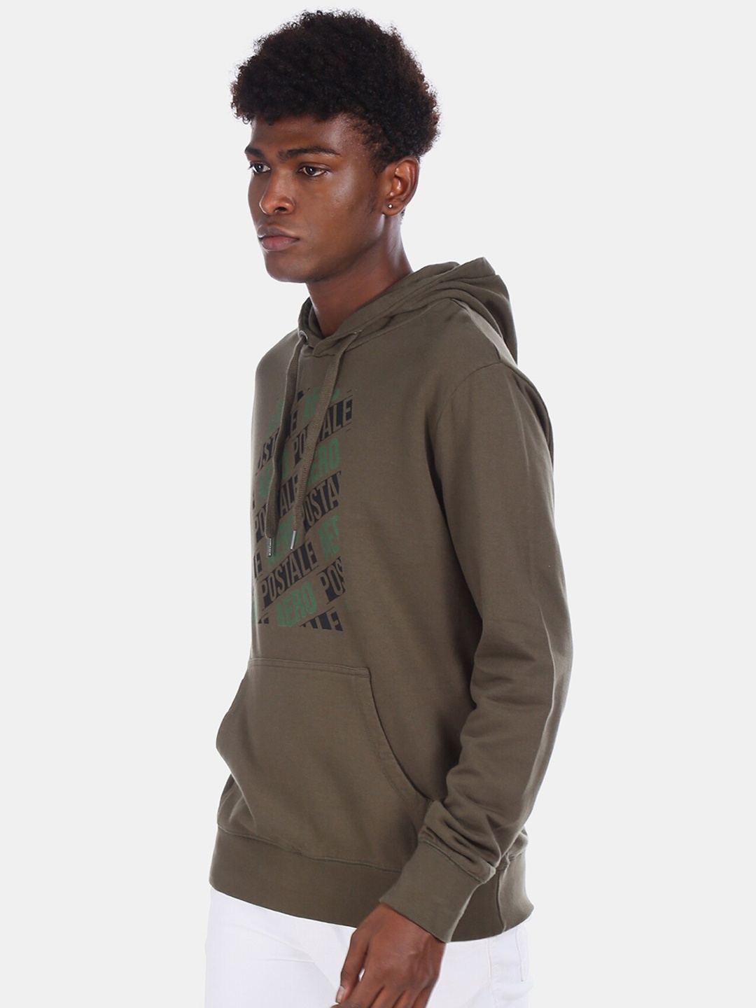 

Aeropostale Men Olive Green & Navy Blue Printed Hooded Sweatshirt