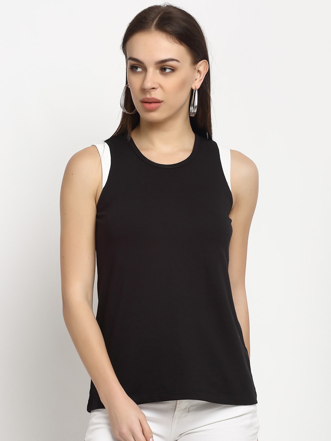 

Rute Women Black Solid Round Neck Slim Fit Sleeveless Pure Cotton T-shirt