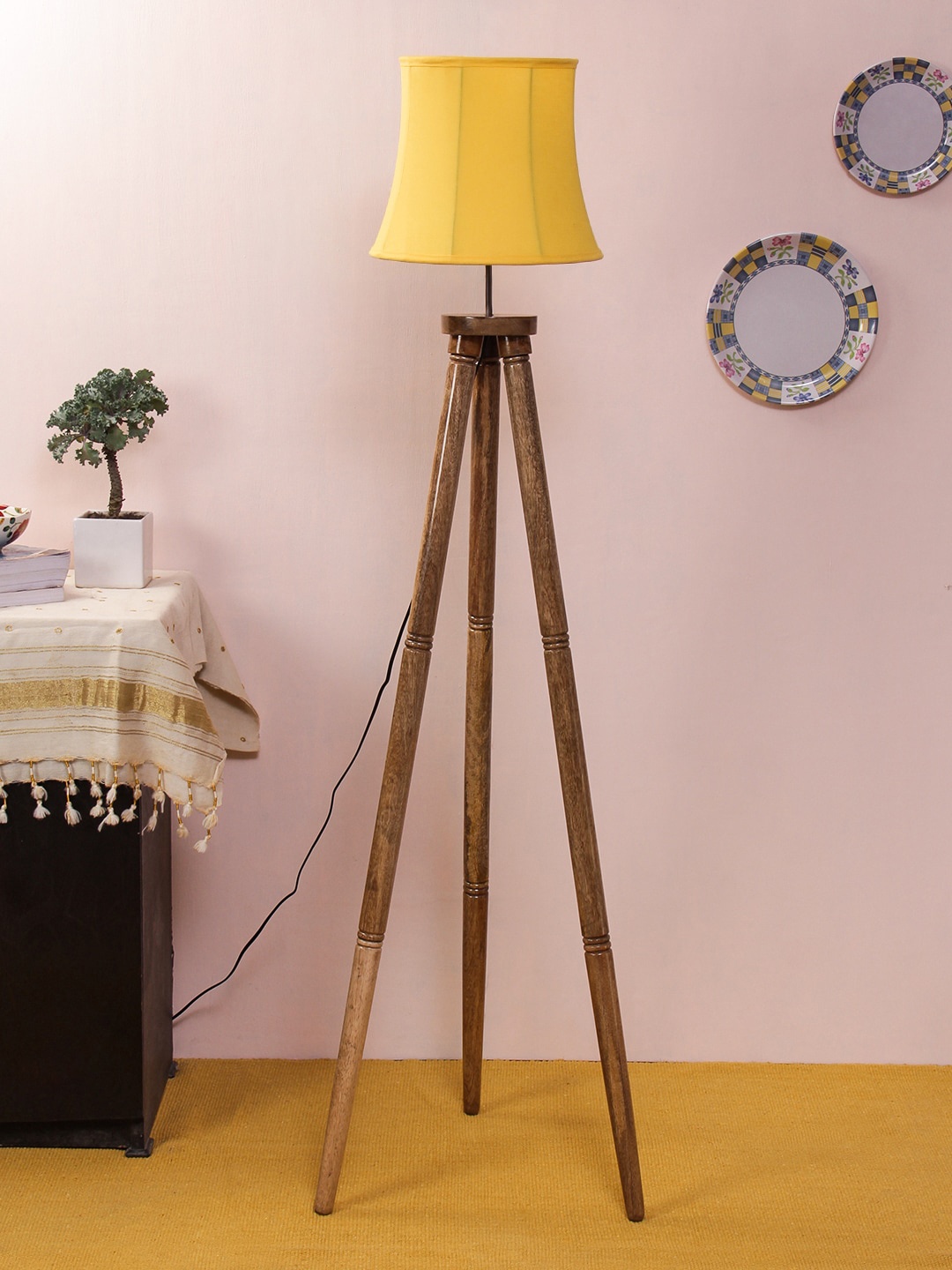 Devansh Yellow & Brown Solid Traditional Tripod Lamp with Shade