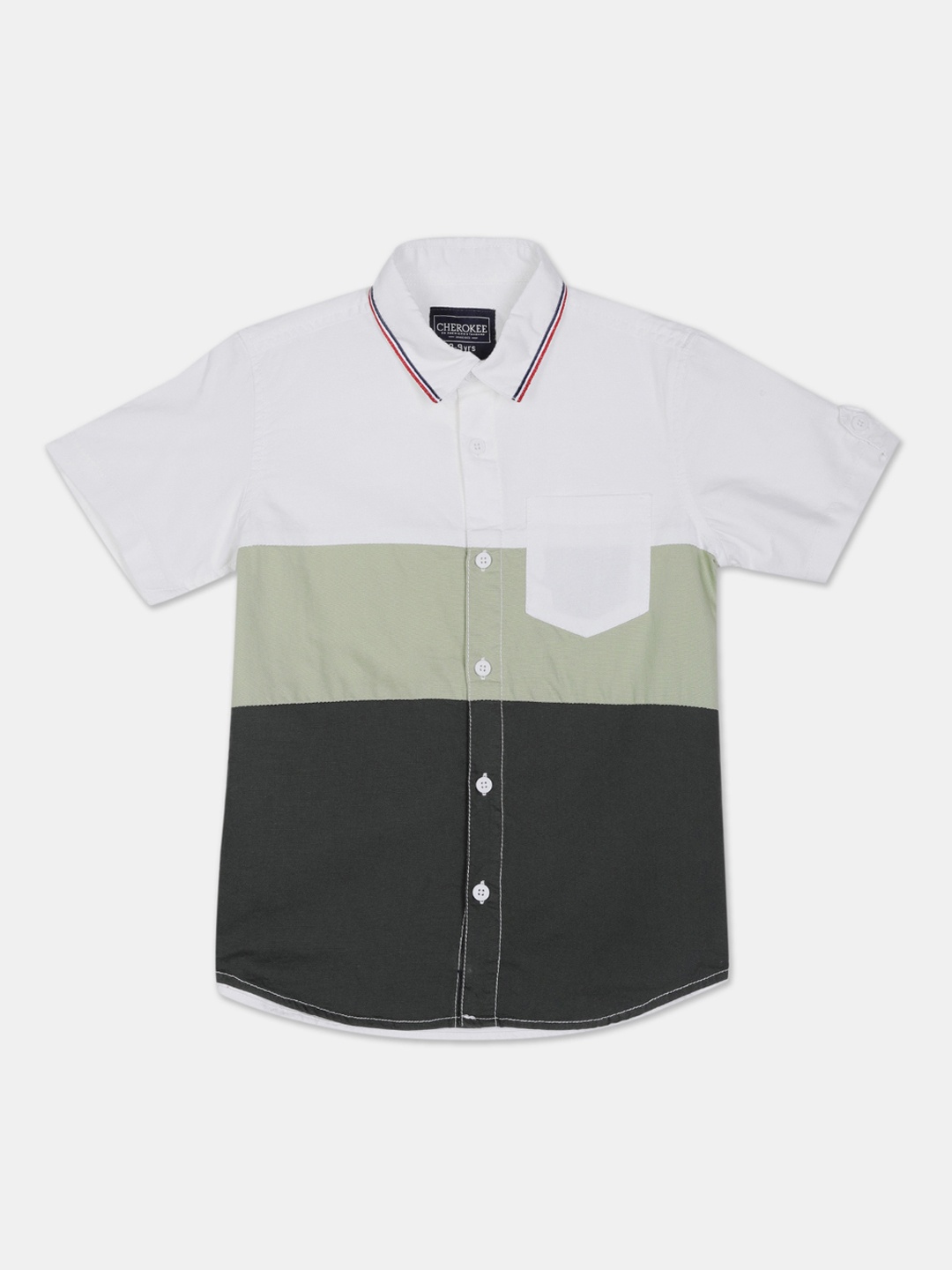 

Cherokee Boys White & Green Regular Fit Colourblocked Casual Shirt