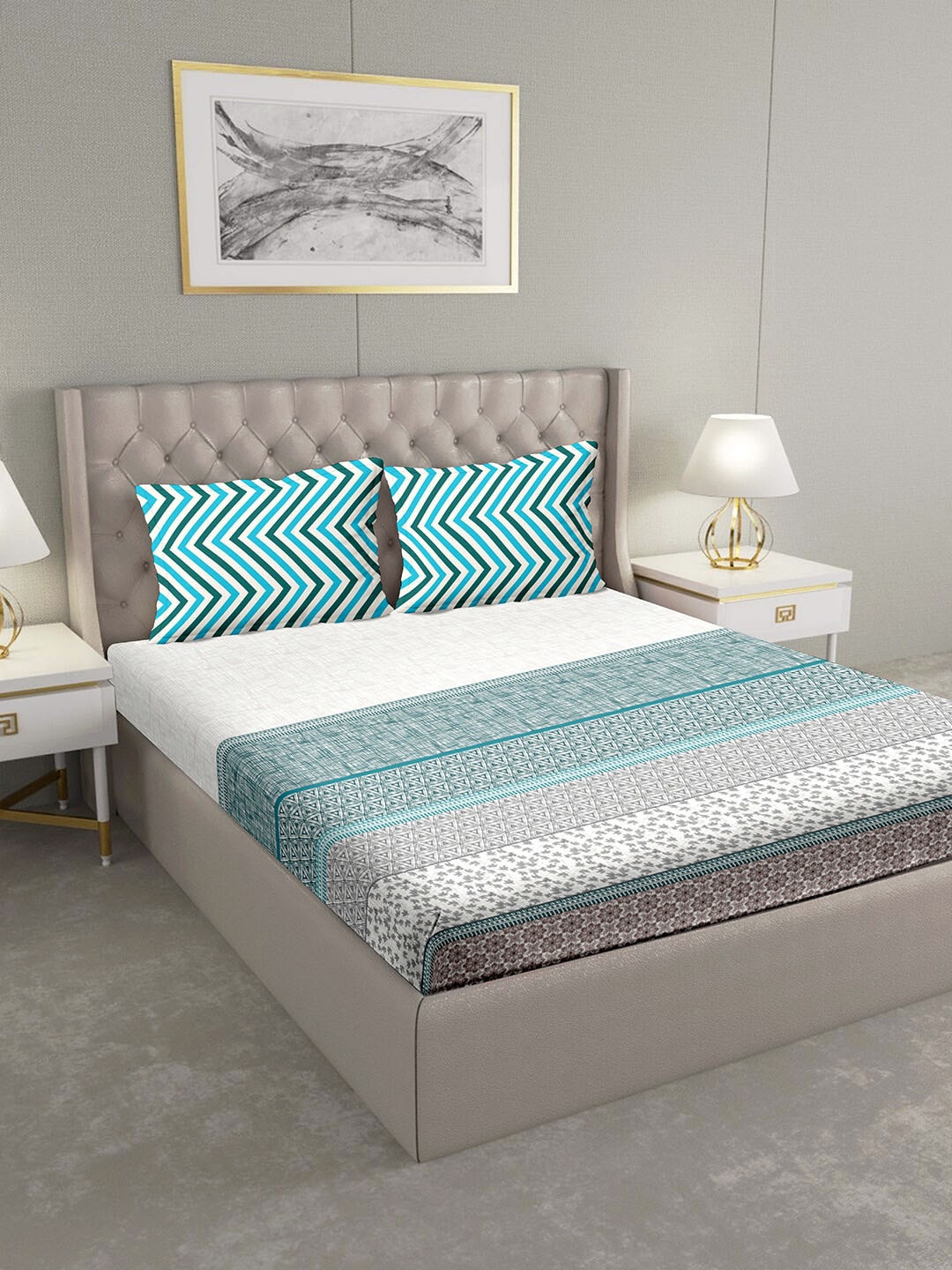 

BELLA CASA Grey & Blue Abstract 124 TC Cotton 1 King Bedsheet with 2 Pillow Covers