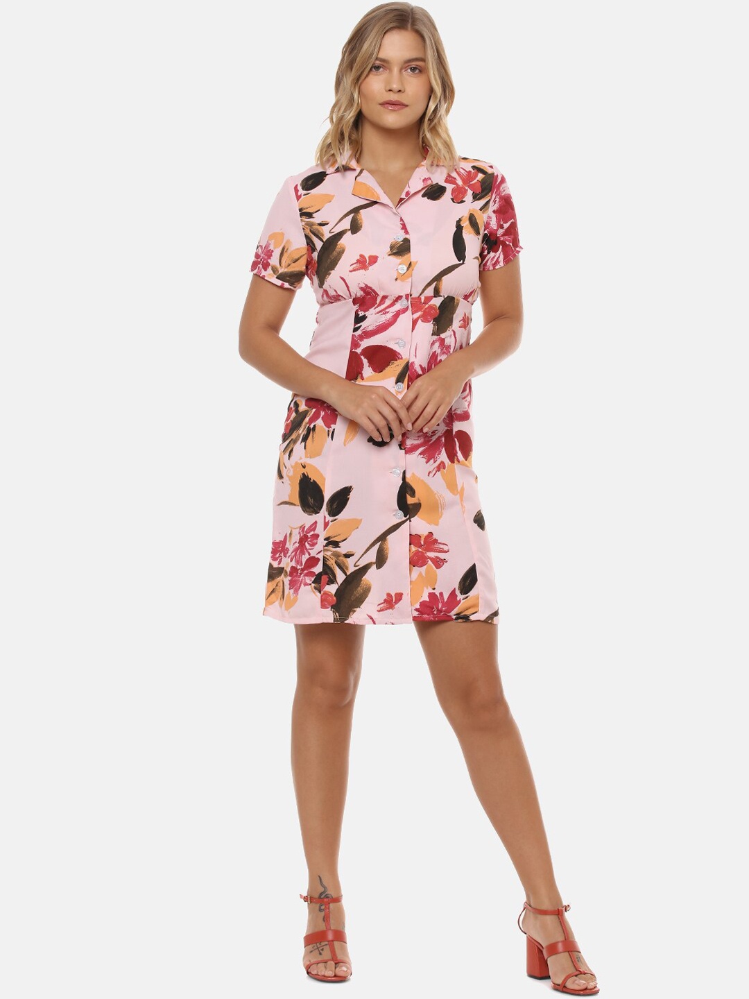 

Campus Sutra Women Peach-Coloured Floral Printed Shirt Dress