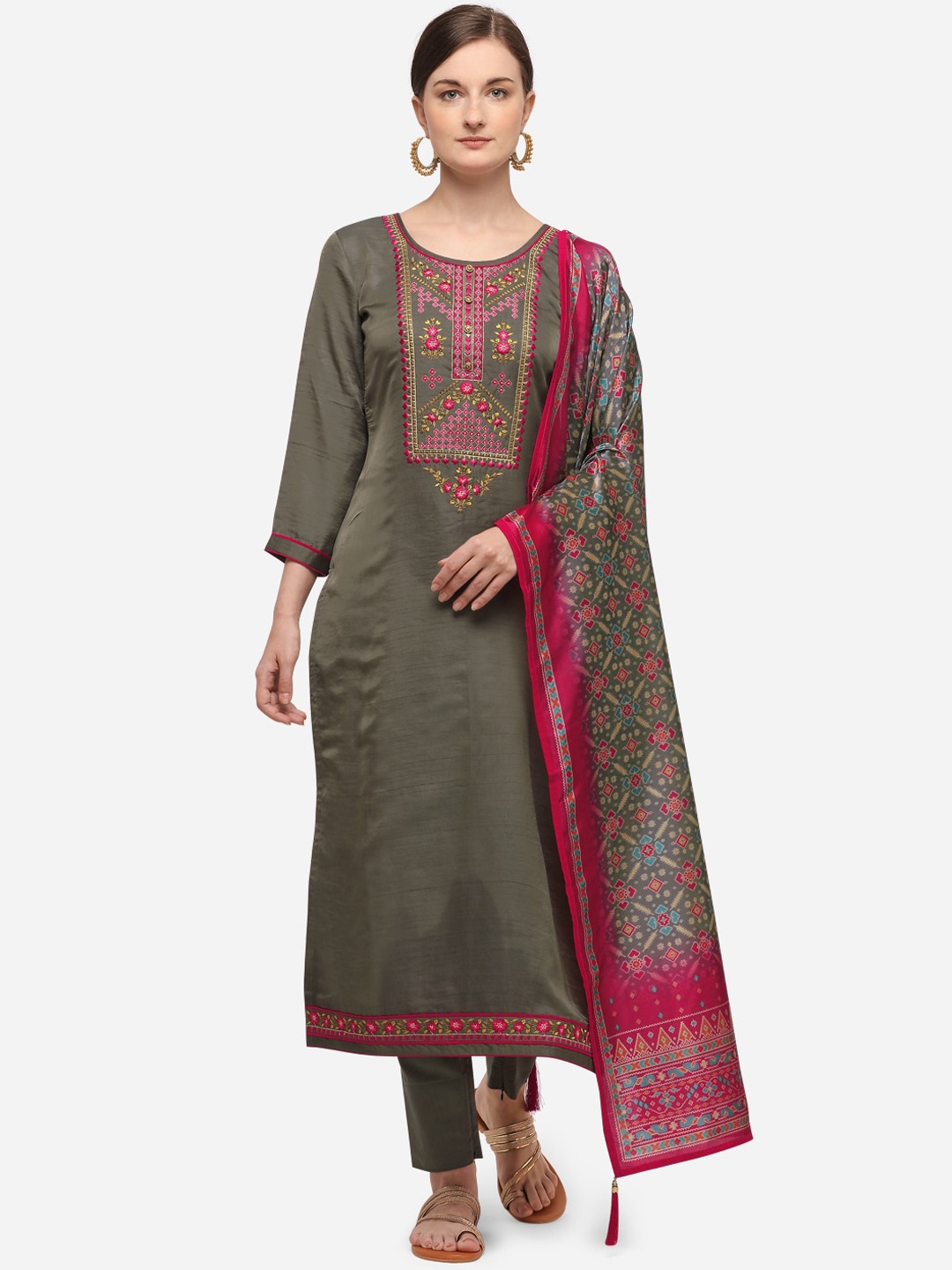 SheWill Olive Green & Pink Embroidered Unstitched Dress Material