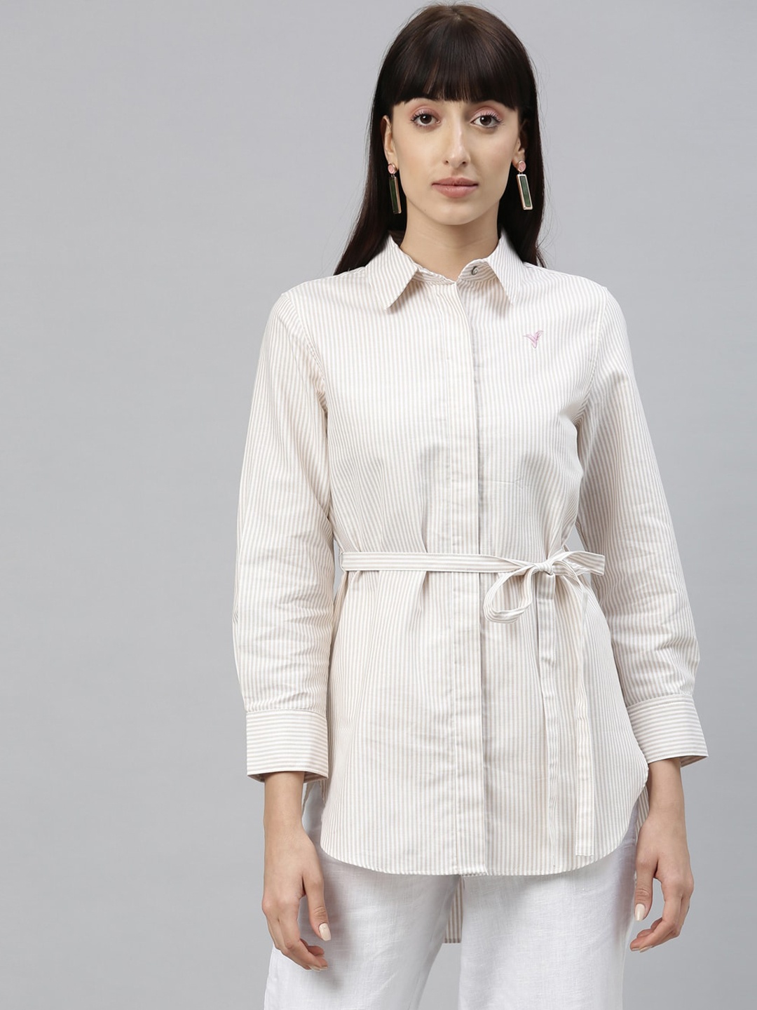 

Rareism Women Beige Striped Pure Cotton Shirt Style Top