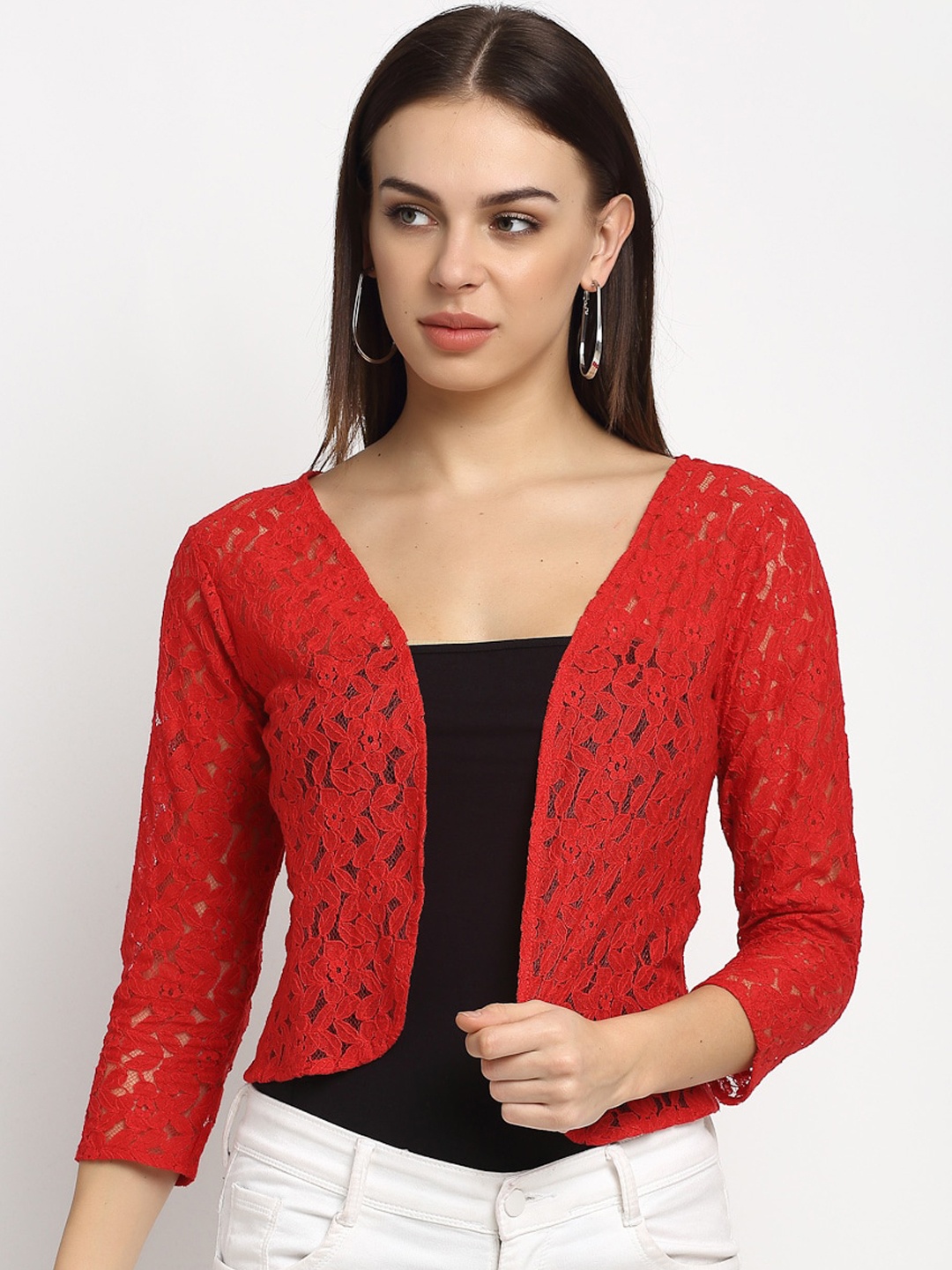 

Rute Women Red Self Design Open Front Shrug