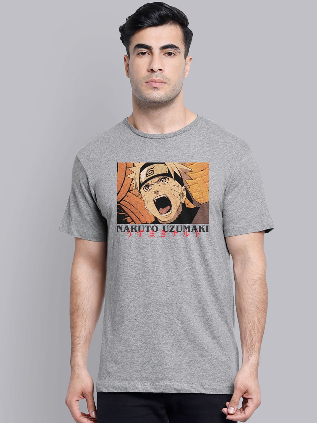 

Free Authority Men Grey Naruto Uzumaki Printed Round Neck T-shirt