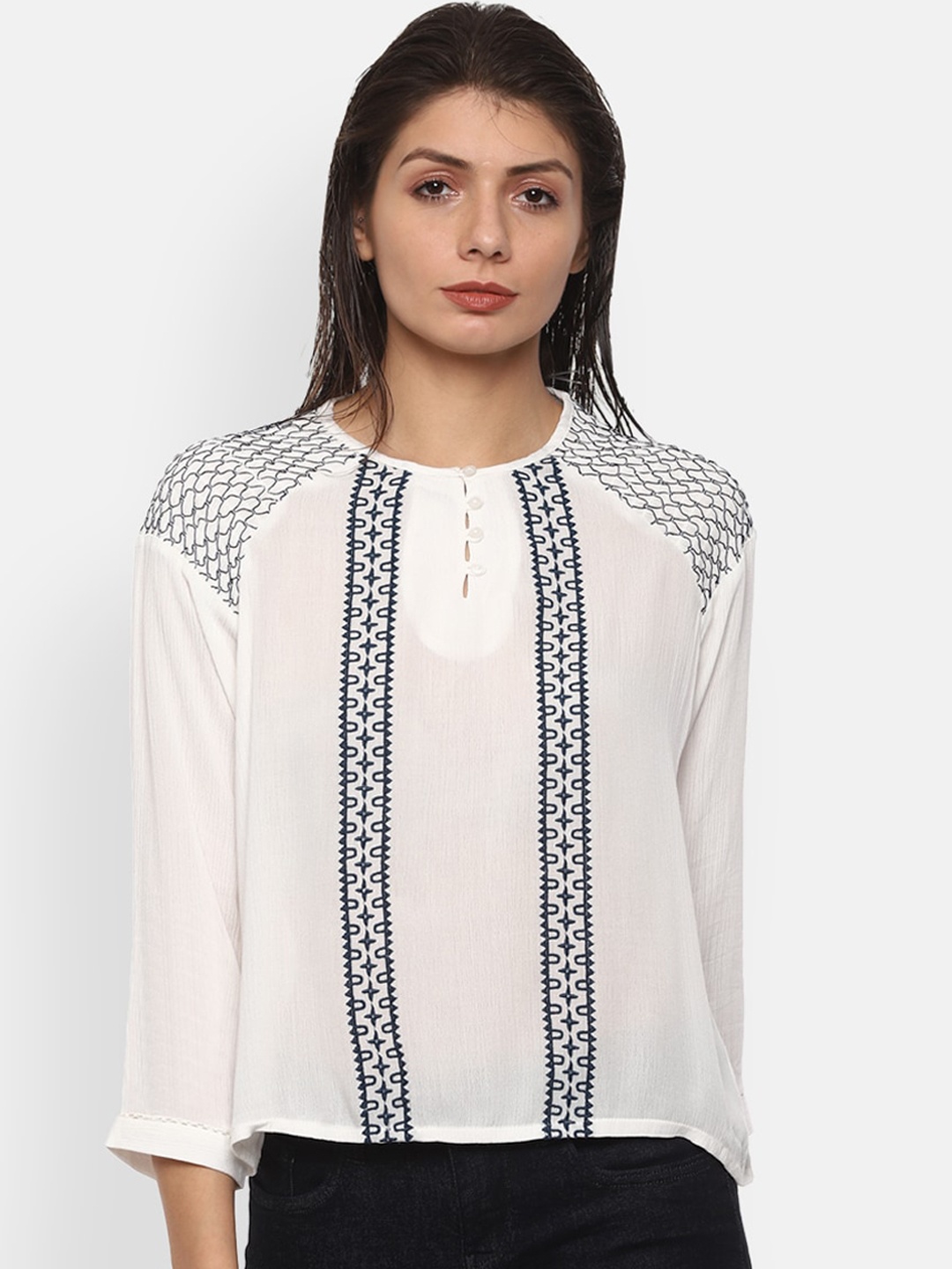 

Van Heusen Woman White & Blue Embroidered Regular Top