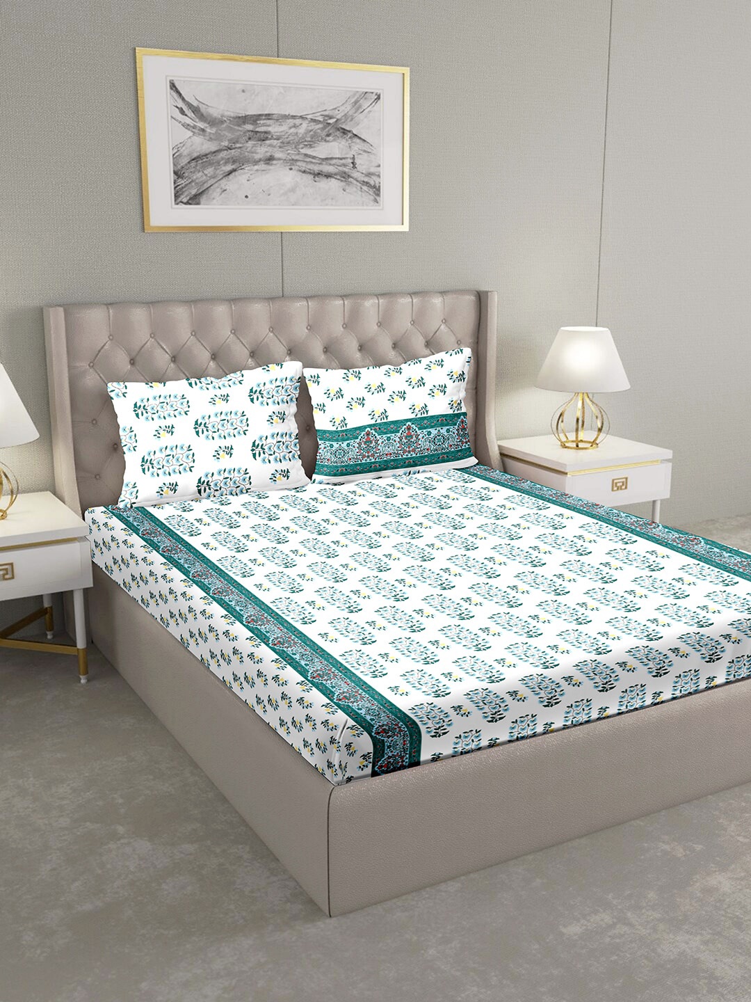 

BELLA CASA White & Blue Ethnic Motifs 124 TC Cotton 1 King Bedsheet with 2 Pillow Covers