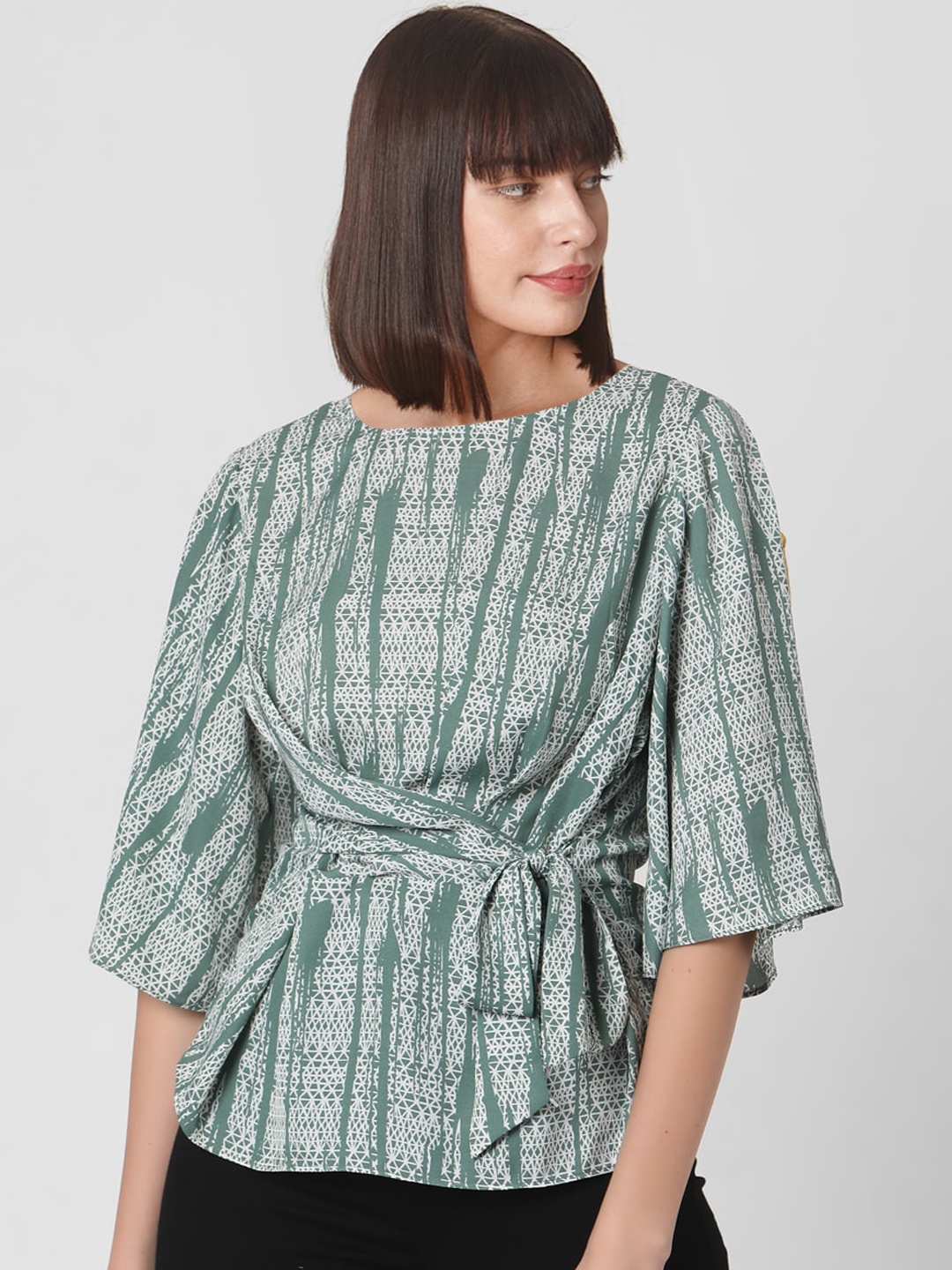 

Vero Moda Green & White Printed Flared Sleeves Cinched Waist Top