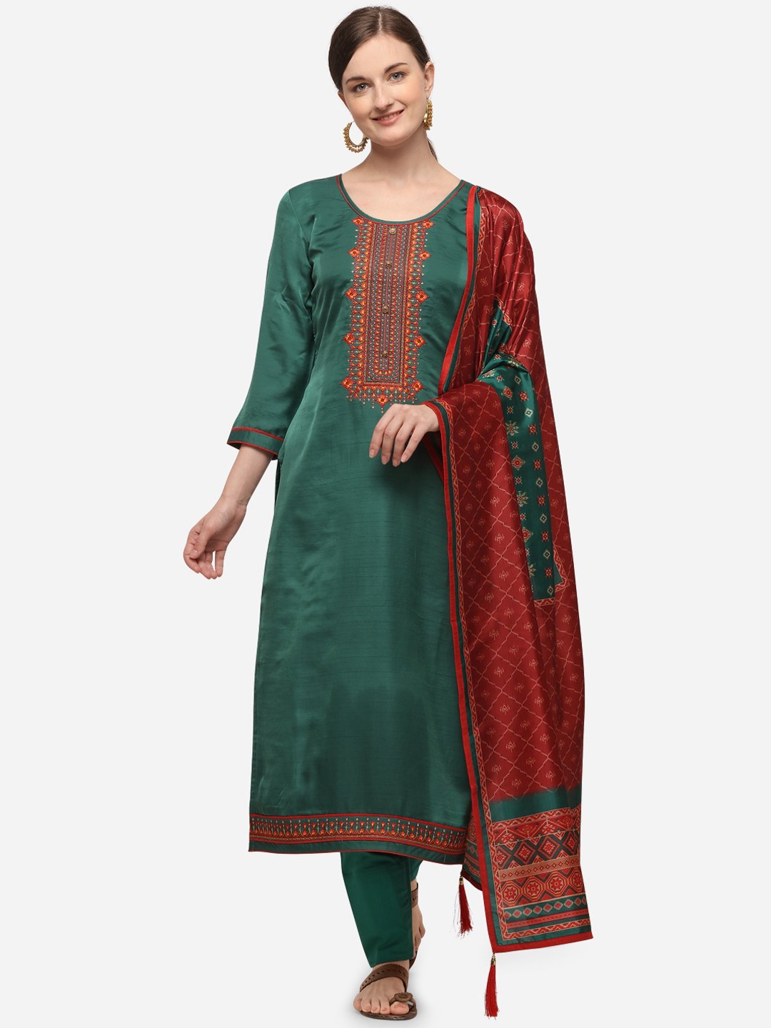 

SheWill Green & Brown Silk Blend Unstitched Dress Material