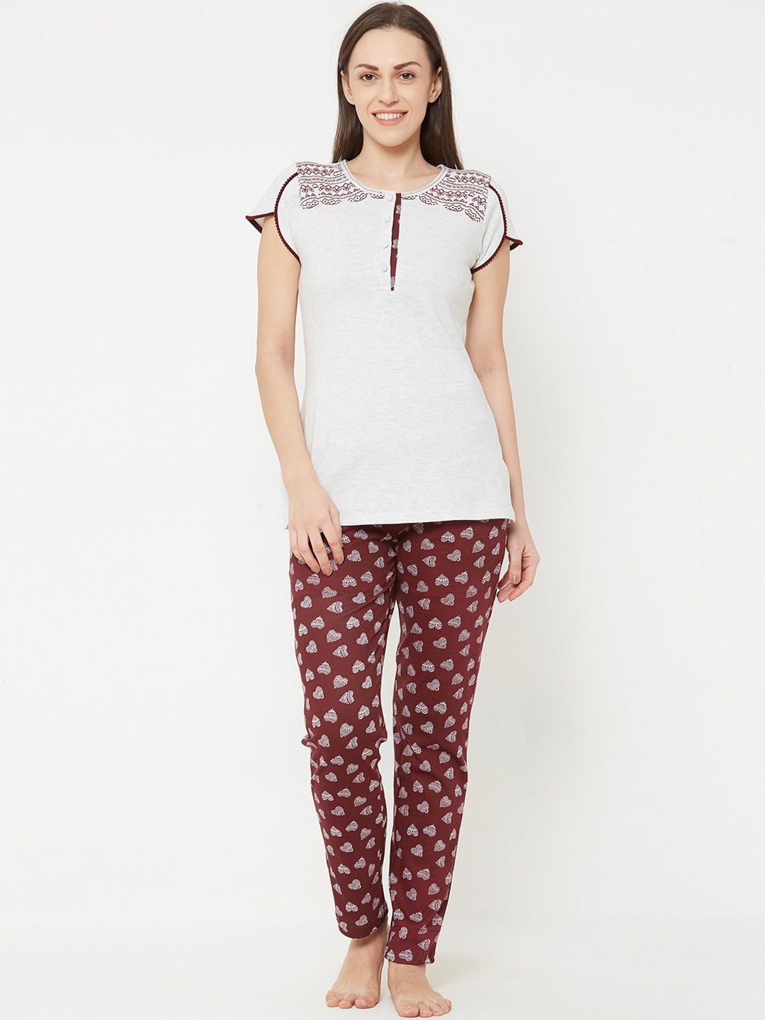

Sweet Dreams Women Grey & Maroon Printed Night suit