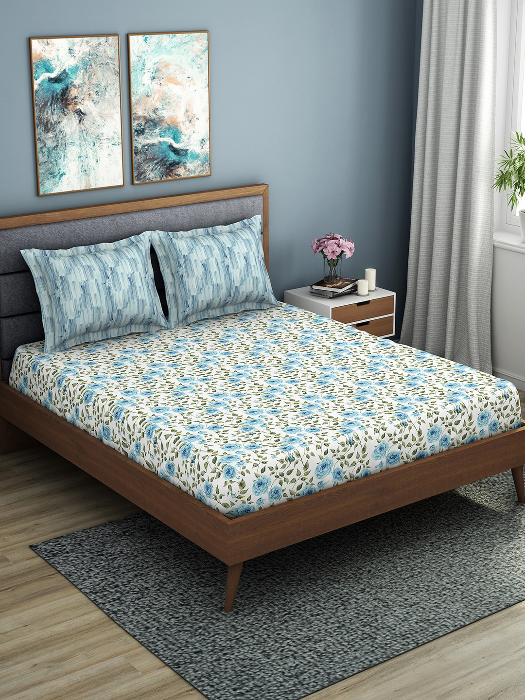 

SPACES White & Blue Floral 144 TC Cotton 1 Queen Bedsheet with 2 Pillow Covers