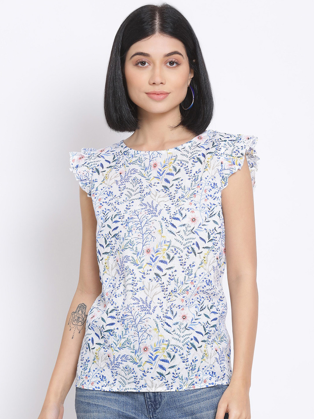 

Oxolloxo White & Blue Floral Printed Puff Sleeves Regular Top