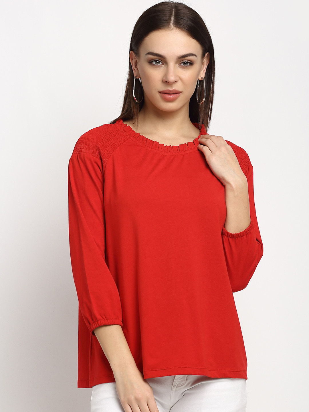 

Rute Red Puff Sleeves Pure Cotton Regular Top