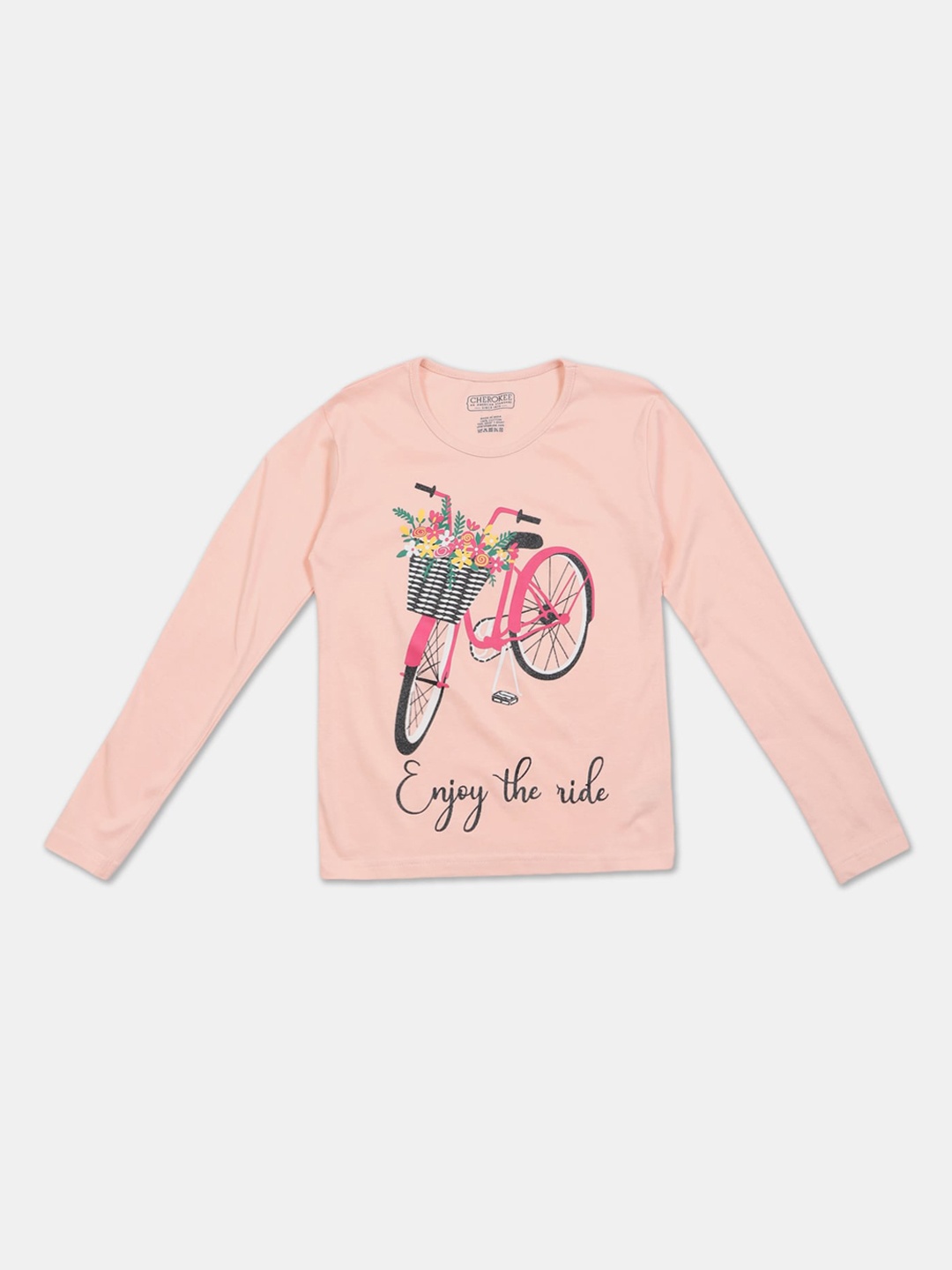 

Cherokee Girls Peach-Coloured Printed Round Neck T-shirt