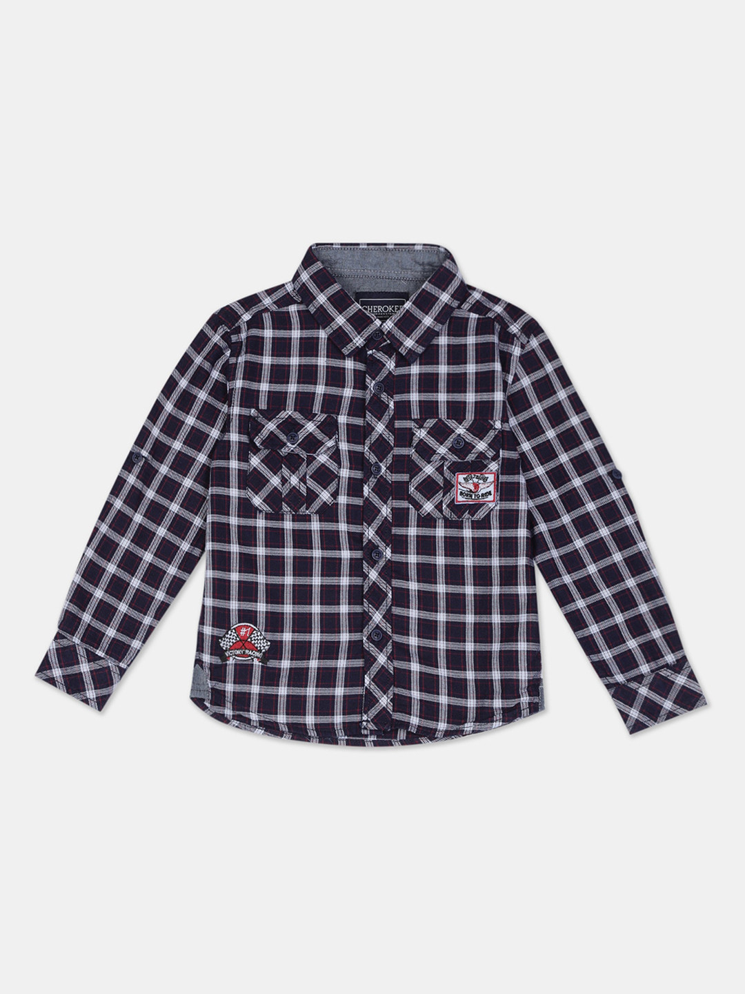 

Cherokee Boys Navy Blue & Red Regular Fit Checked Casual Shirt