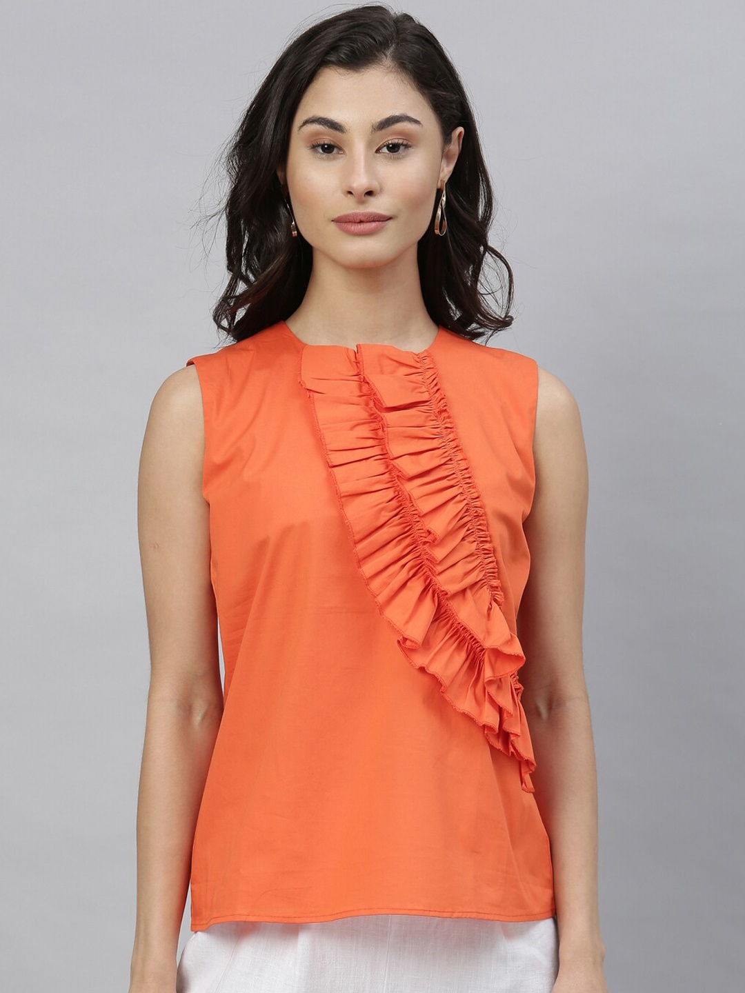 Rareism Orange Pure Cotton Regular Top