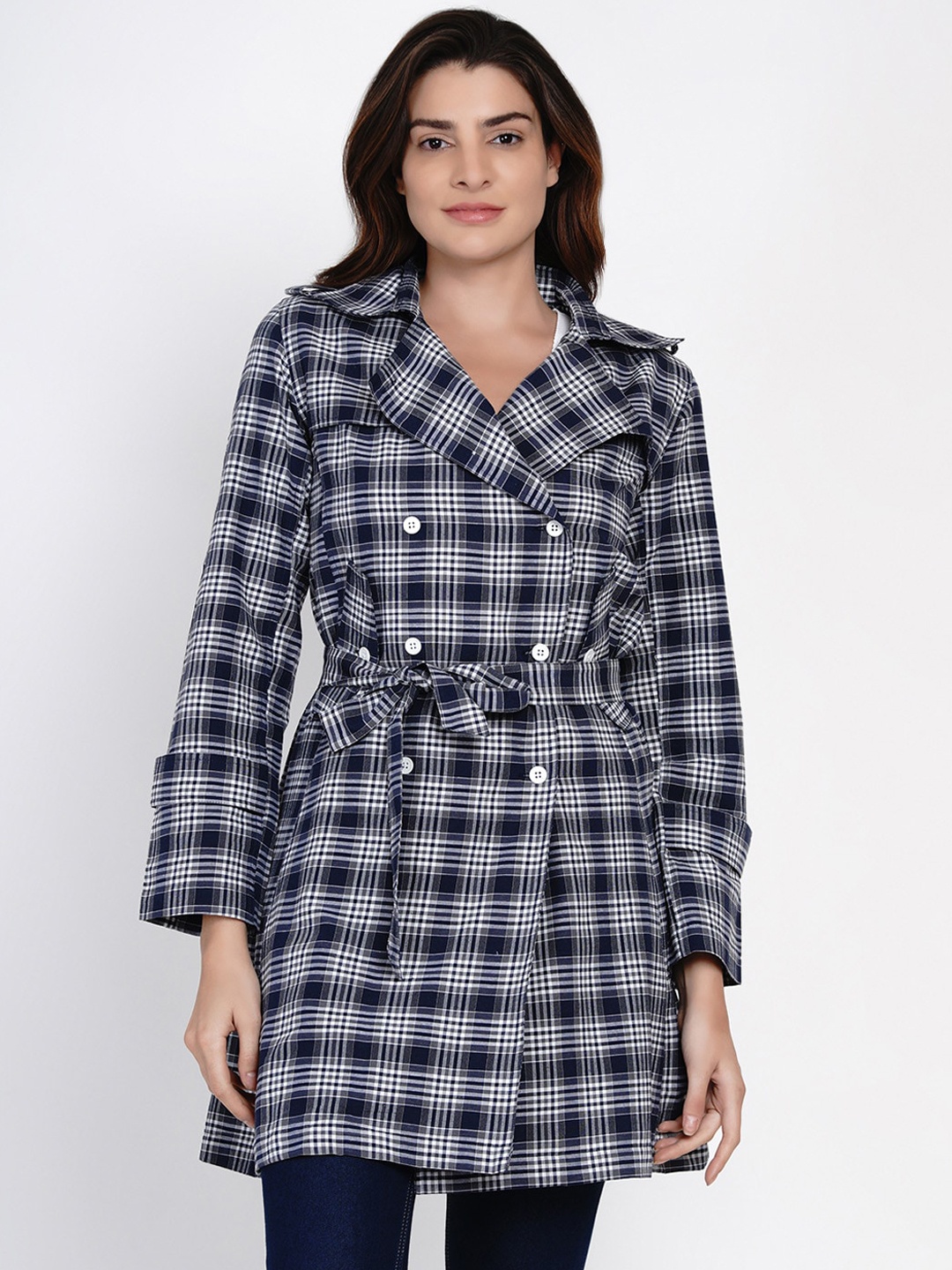 

FABNEST Women Navy Blue & White Checked Handloom Trench Coat