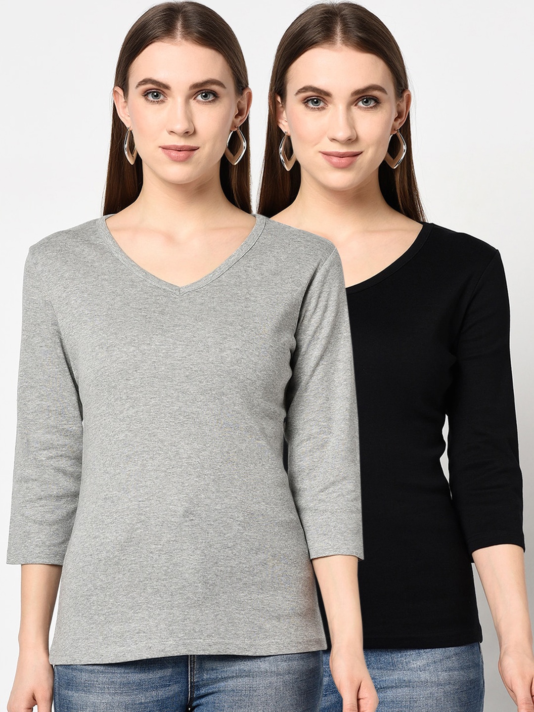 

Espresso Women Pack of 2 Solid V-Neck Pure Cotton T-shirts, Black