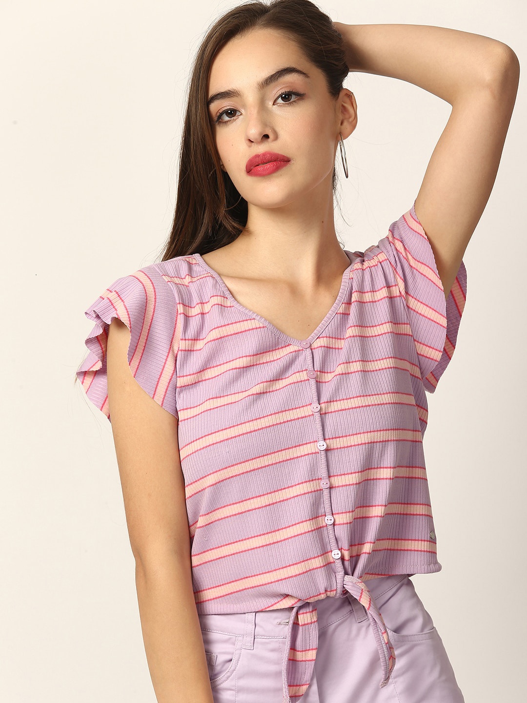 

ELLE Women Purple & Cream-Coloured Striped V-Neck T-shirt