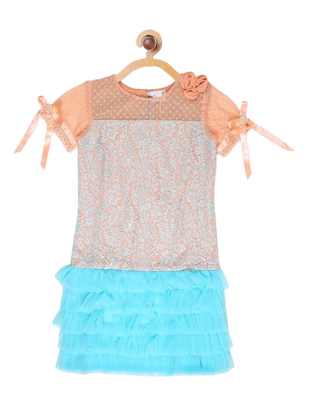 

Butterfly Blush Girls Peach & Turquoise Blue Self Design A-Line Dress