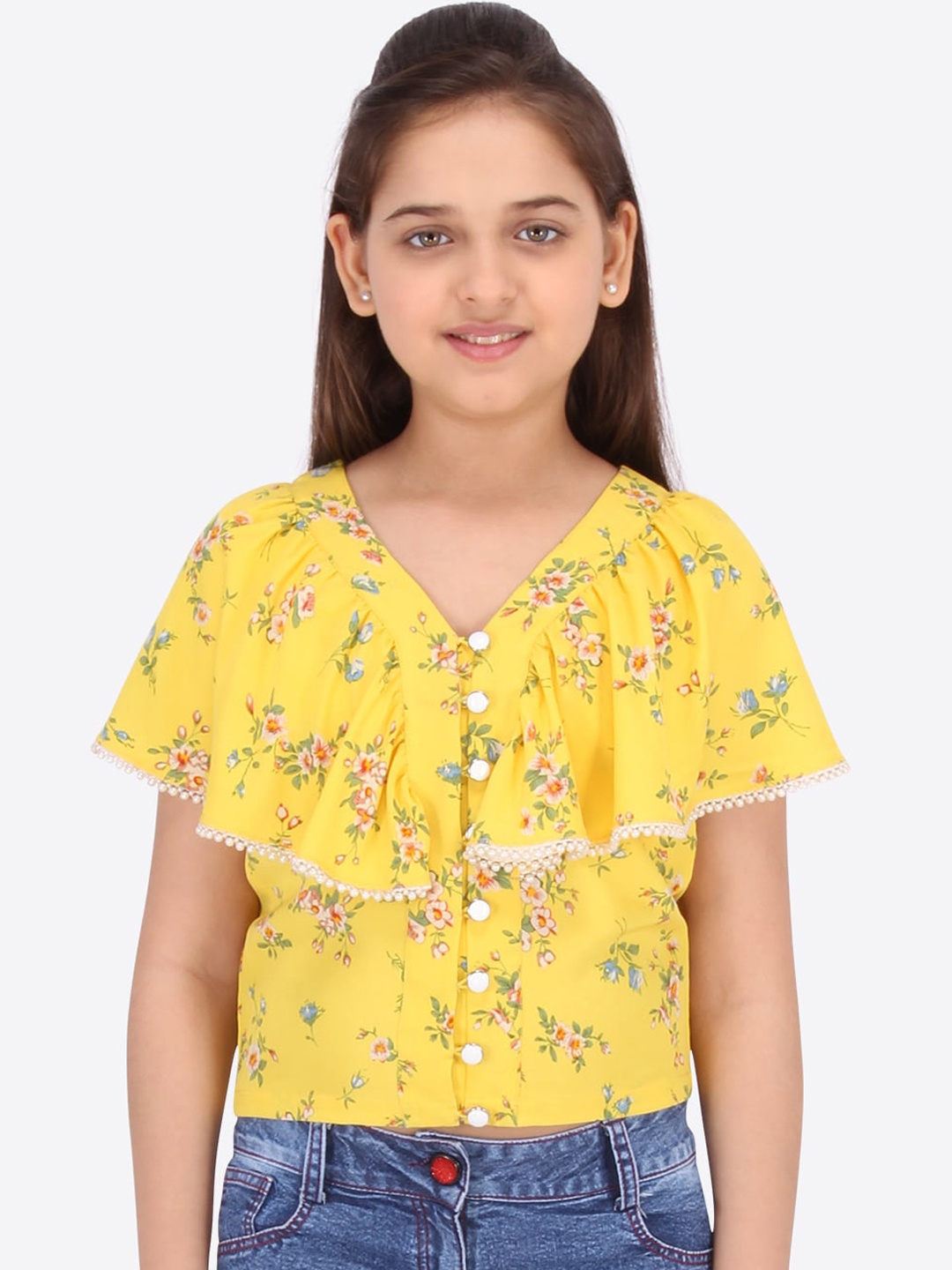 

Cutecumber Yellow Floral Printed Regular Top
