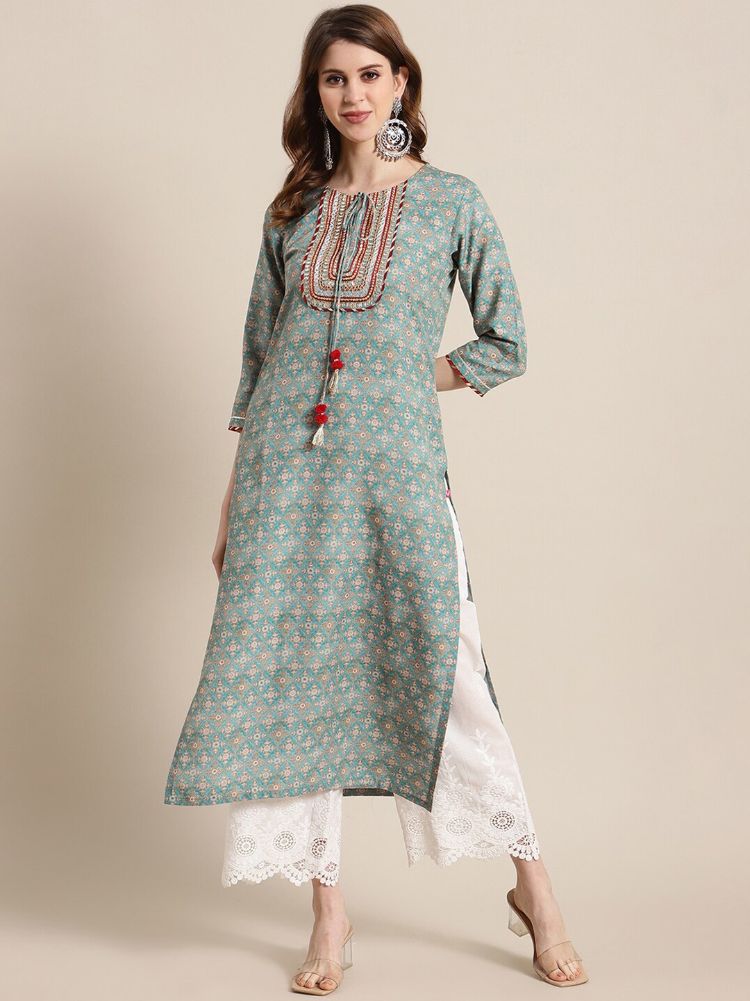 

Varanga Women Sea Green Printed Keyhole Neck Kurta