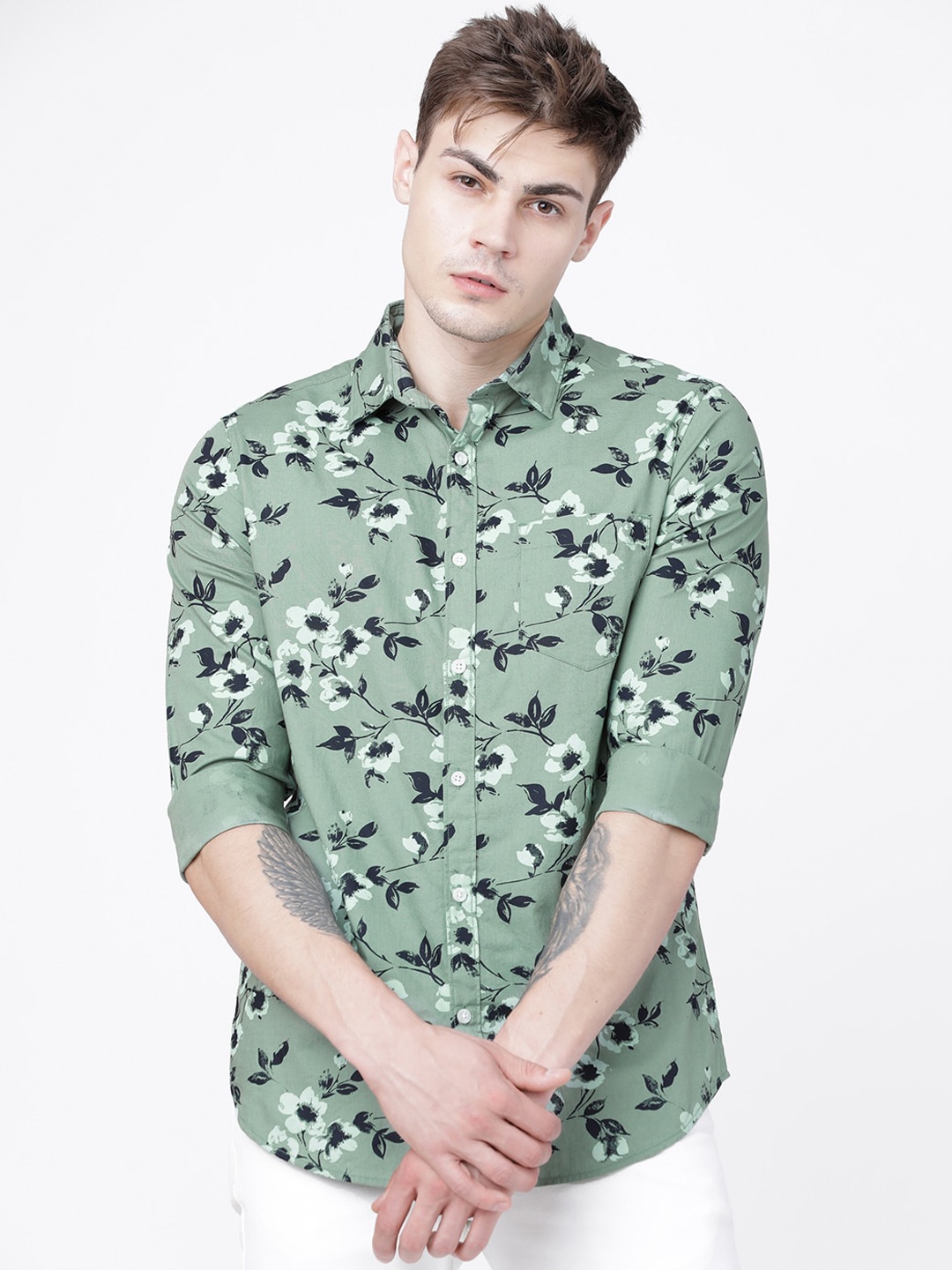 

HIGHLANDER Men Olive Green Slim Fit Printed Casual Shirt