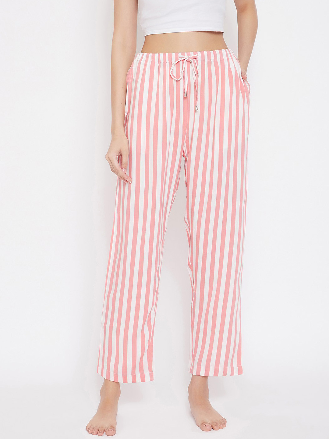 

Hypernation Women Pink & White Striped Lounge Pants