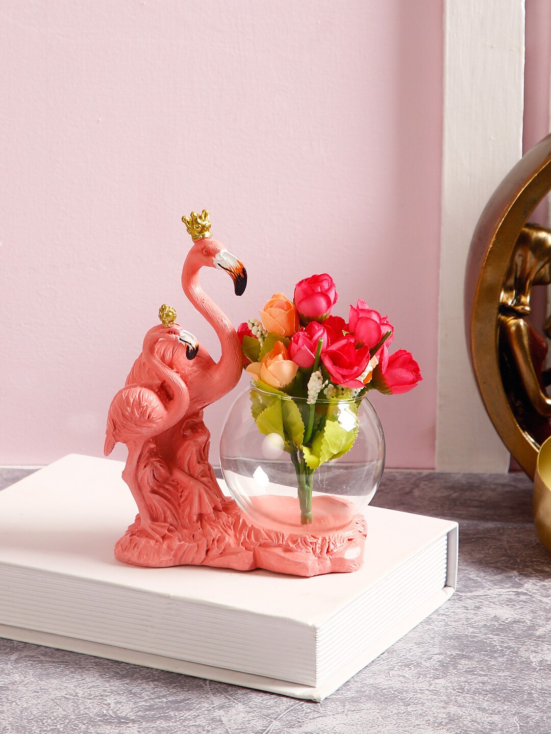 

TAYHAA Pink & Transparent Flamingo Showpiece With Glass Bowl