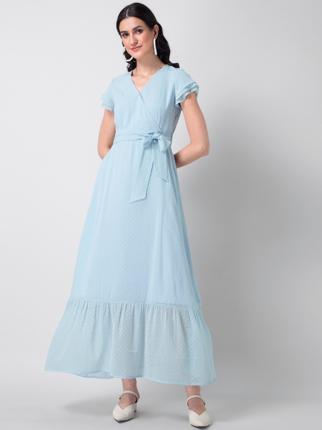 

FabAlley Women Blue Self Design Belted Wrap Maxi Dress
