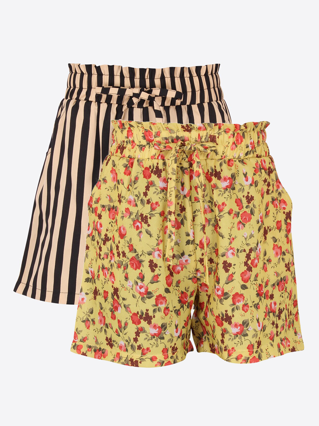 

CUTECUMBER Girls Pack Of 2 Beige & Yellow Printed Regular Fit Regular Shorts