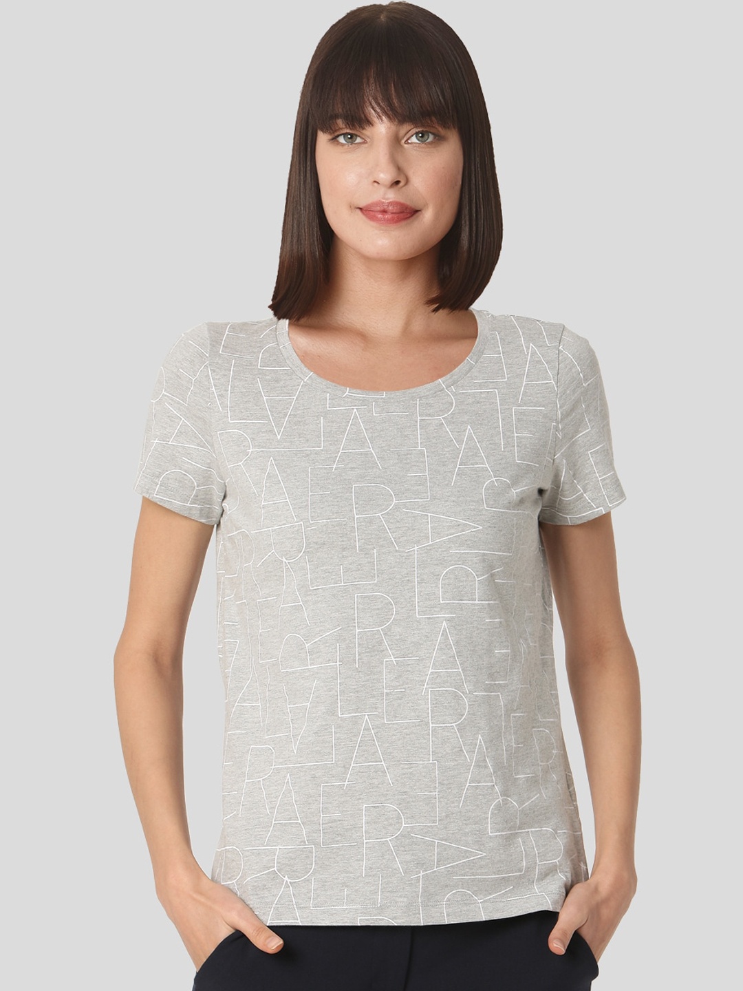 

Vero Moda Women Grey Melange Printed Round Neck T-shirt