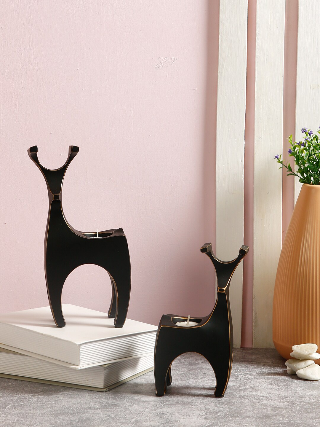 

TAYHAA Set of 2 Black & Gold-Toned Deer Pair Tea Light Holder Showpieces