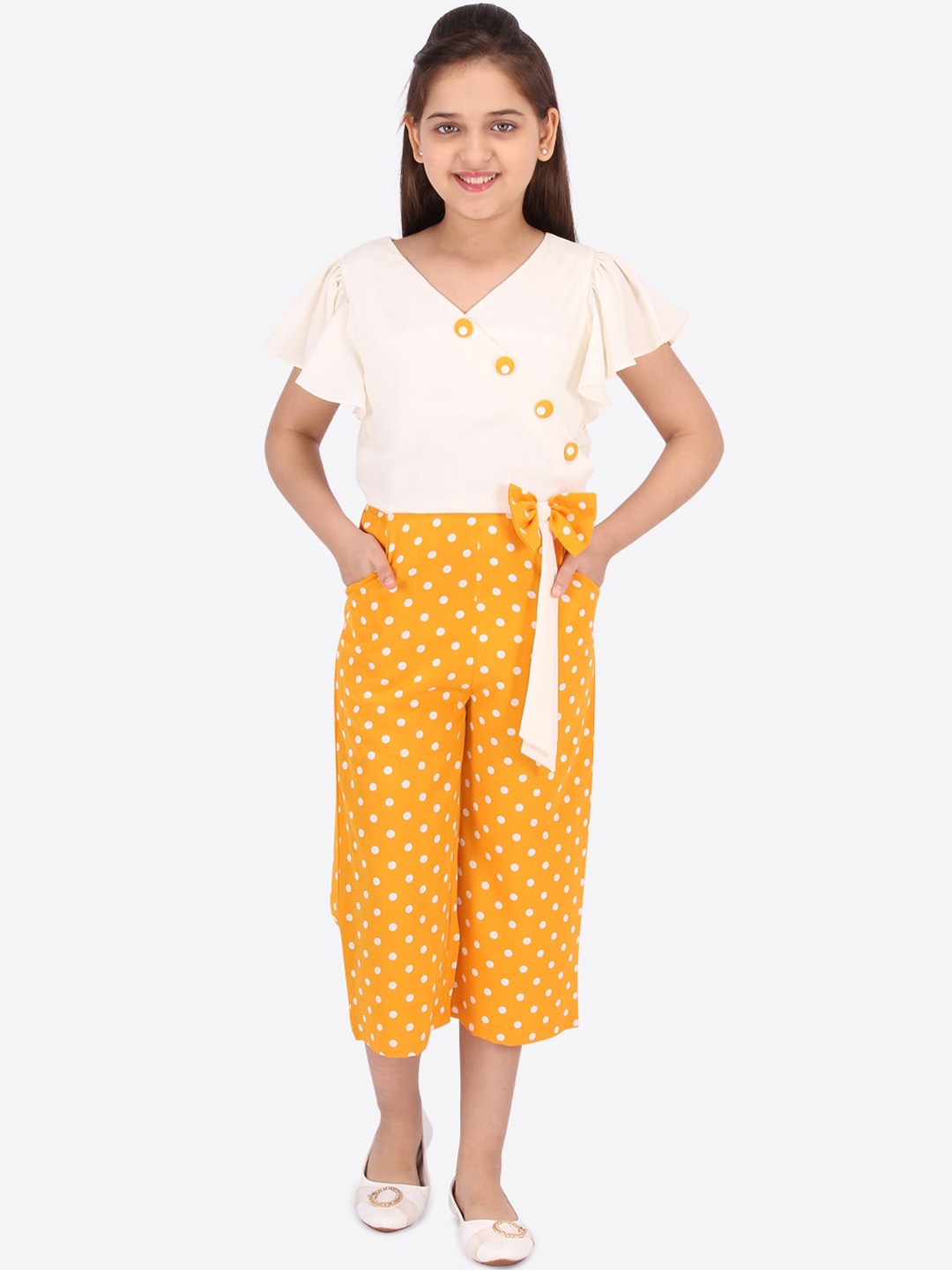 

CUTECUMBER Girls Yellow & White Printed Culotte Jumpsuit