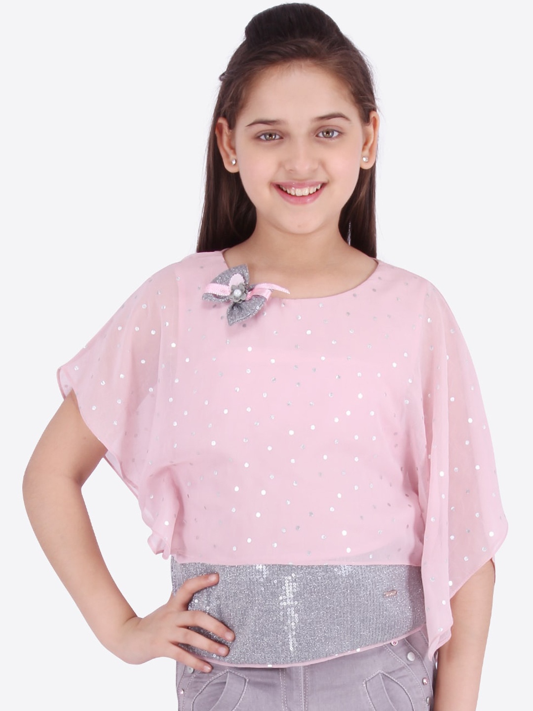 

Cutecumber Pink Embellished Flared Sleeves Layered Chiffon Regular Top