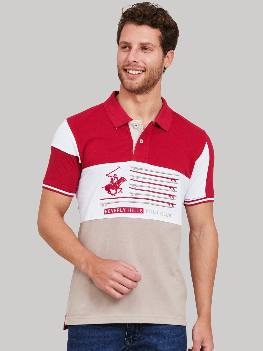 

Beverly Hills Polo Club Men Red & Beige Colourblocked Polo Collar Applique T-shirt