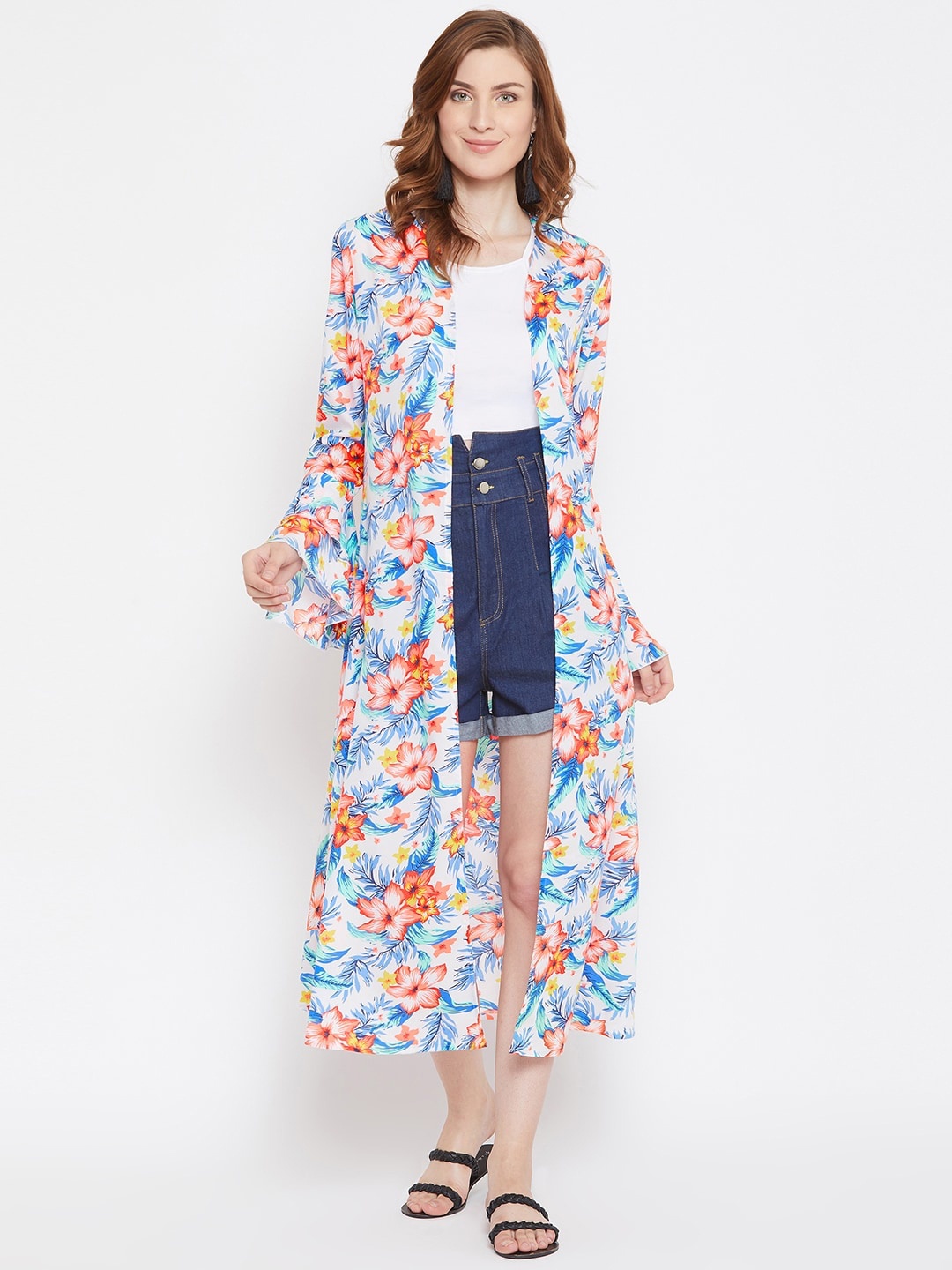 

Zastraa Women White & Blue Printed Open Front Longline Shrug