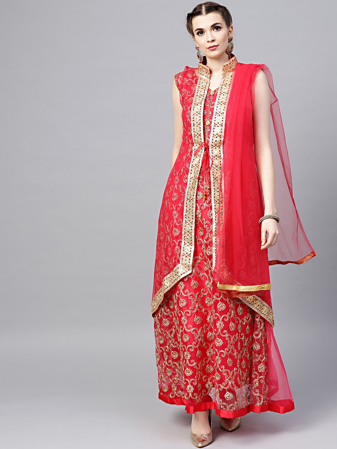 

Chhabra 555 Women Red Embroidered Kurta with Skirt & Dupatta