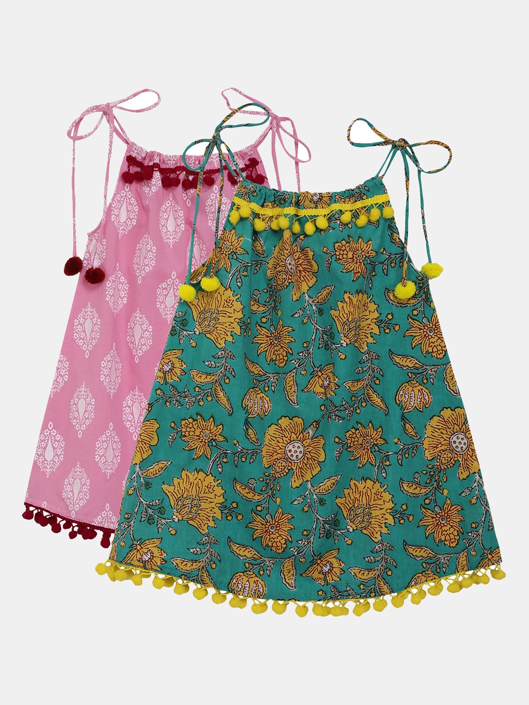 

Bownbee Girls Pack of 2 Multicoloured Printed Pure Cotton A-line Top, Multi
