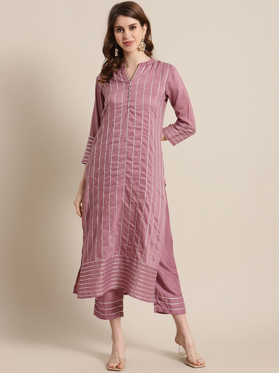 

Varanga Women Mauve Striped Kurta with Trousers